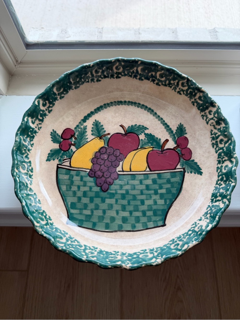 Hand-Painted Fruit Basket Decorative Ceramic pie plate or quiche  - Green Accent